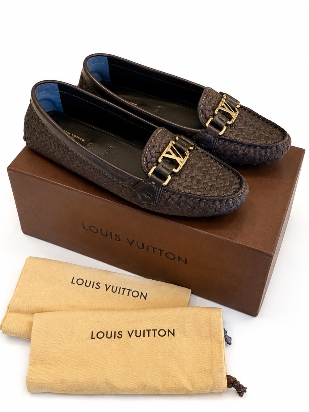 Like New LOUIS VUITTON Leather Woven Loafers with Gold Hardware 40/9us NARROW